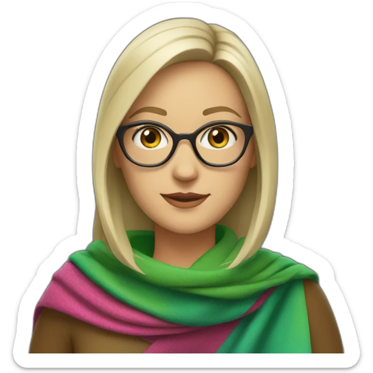 white-woman-with-gray-and-blonde-bob-green-eyes-and-brown-glasses-wearing-colorful-shawl sticker
