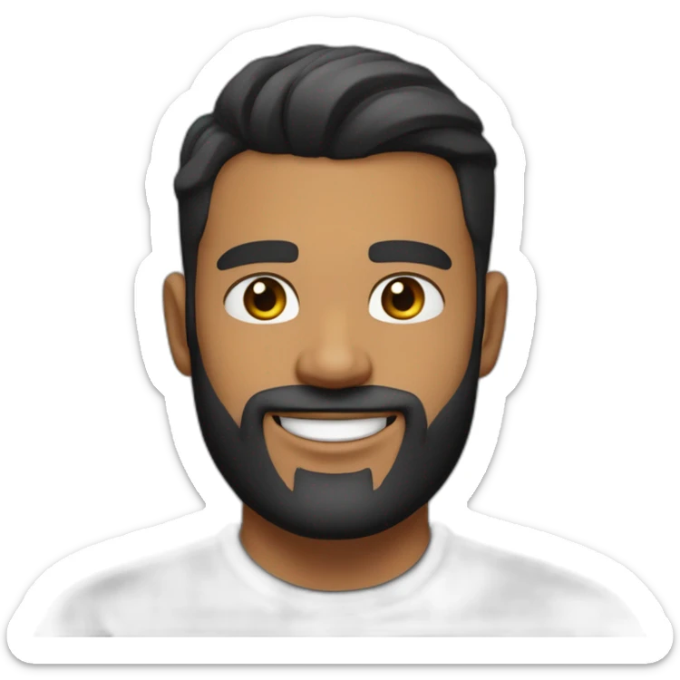 tanned skin male, black hair with a skin fade haircut, good beard, white teeth, black t shirt approximately 32 years old, good beard, chest up, confident sticker