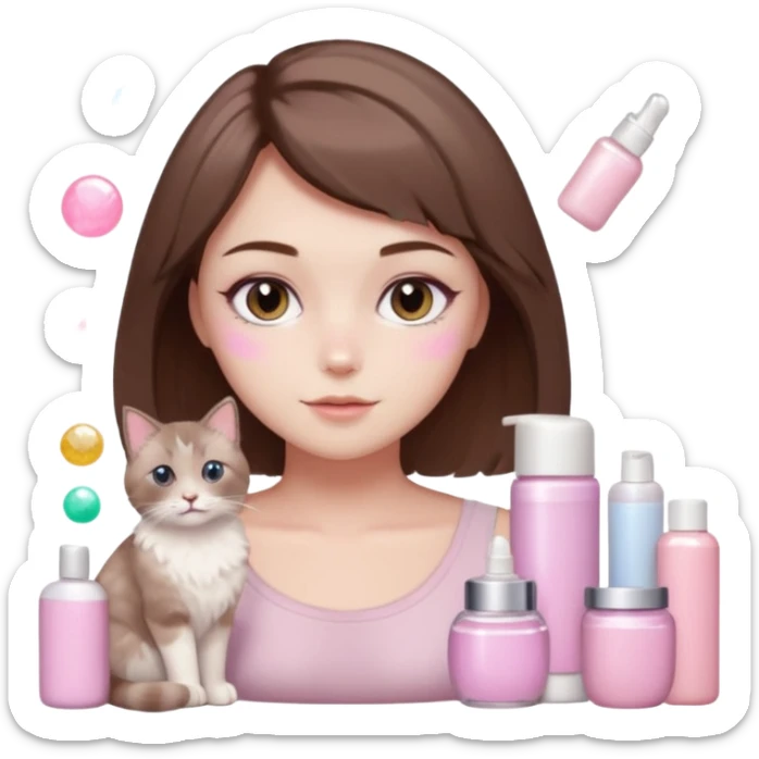 soft girl with short brown hair, surrounded by skincare, sparkles, two light brown ragdoll cats, pink pastel vibe sticker