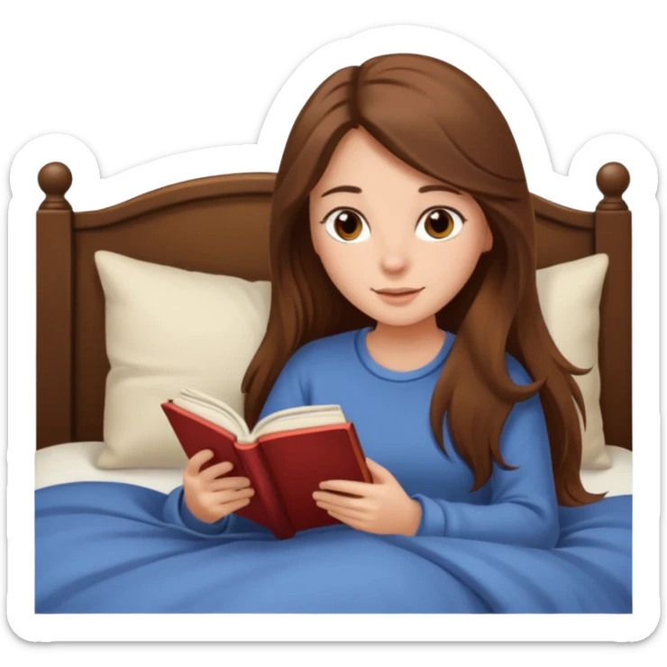 Cozy girl with long brown hair and brown eyes reading in bed sticker