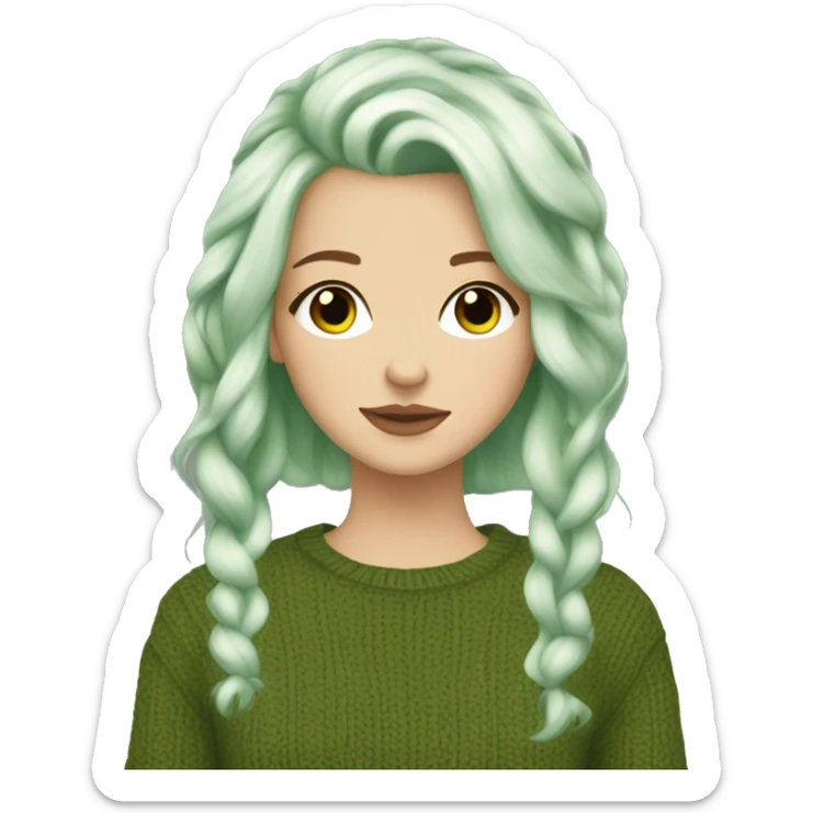 Pretty brown eyed white girl with green hair, with olive green sweater reading cozy sticker