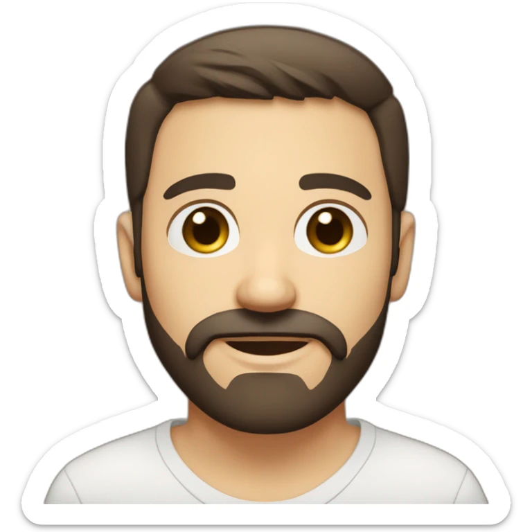 A young Caucasian man with dark brown eyes, almond-shaped eyes, short dark brown hair, and a small dark brown beard with a more prominent mustache. sticker