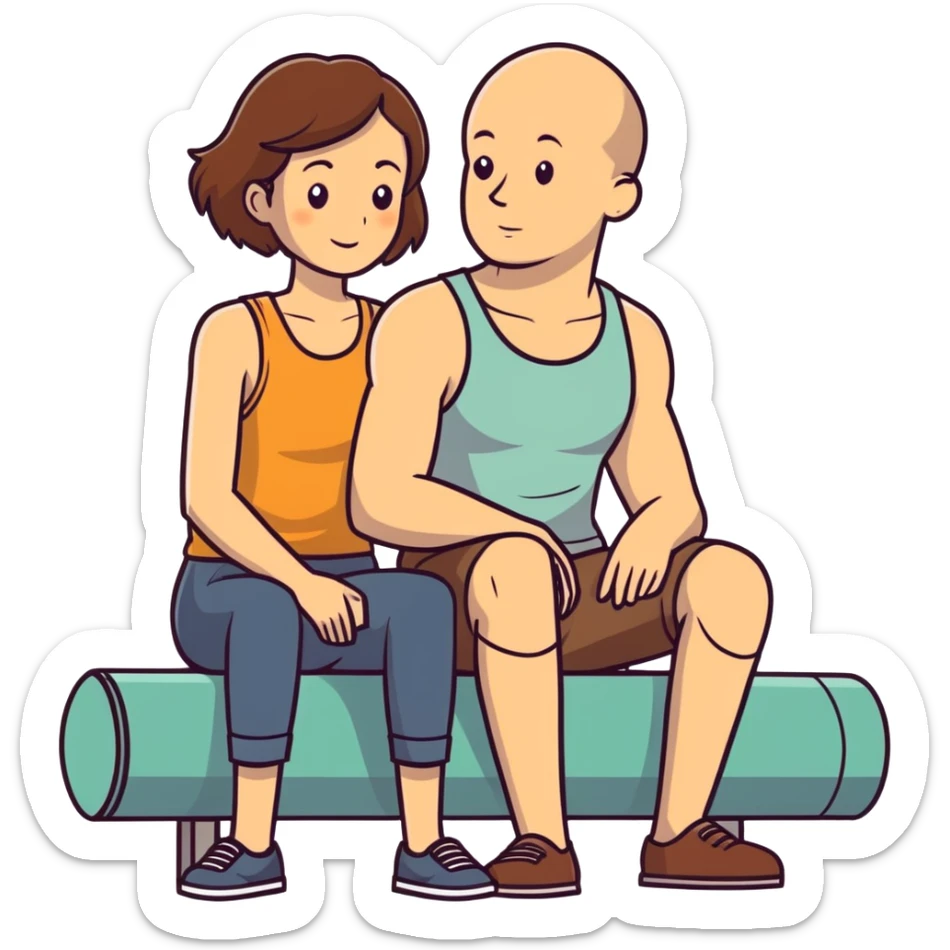 Caucasian woman with brown hair big boobs wearing a tank top sitting on bald man sticker