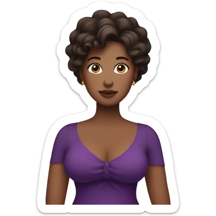 curvy woman holding chest, dark brown hair, purple dress, and a star on her face sticker