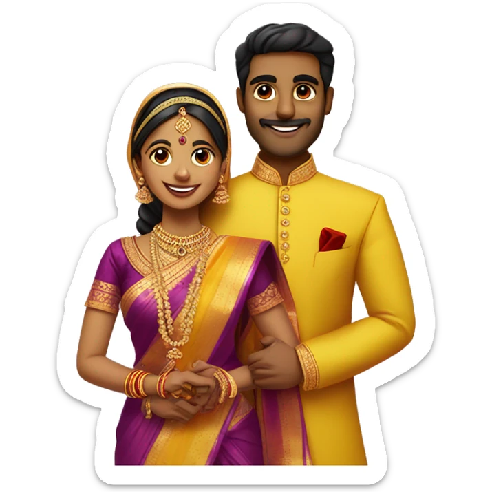 Tamil south indian bride in yellow saree with red border and groom wearing purple sherwani for Engagement  sticker