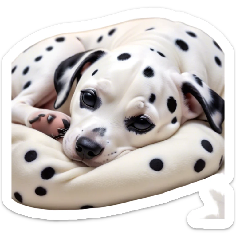Cinematic cute Sleeping Dalmatian Portrait Emoji, cute and serene, with a round, plump build and a glossy white coat adorned with distinctive black spots, eyes gently closed in peaceful slumber, Simplified yet irresistibly endearing features, highly detailed, glowing with a gentle, dreamy glow, high shine, relaxed and content, stylized with a touch of whimsy, bright and heartwarming, soft glowing outline, capturing the essence of a blissfully sleepy companion, so comically serene it feels like it could roll out of the screen and snore with adorable charm! sticker