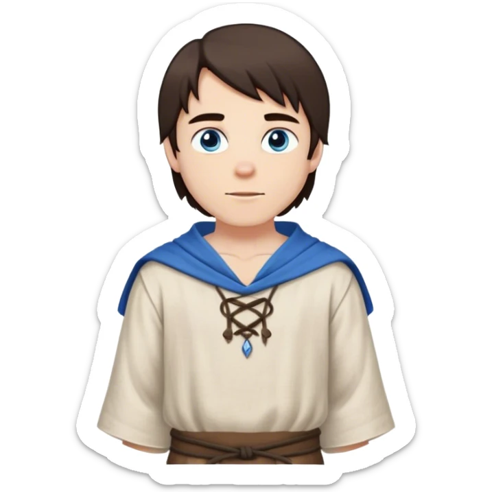 medieval spring outfit worn by a DnD themed fantasy male character. simple linen tunic with a drawstring neckline, paired with a lightweight wool shoulder wrap for mild breezes. clothes only above the waist. The clothes full waist. The character's haven't arms. character is white-skinned, dark brown hair, blue eyes, medium-length straight hair. sticker