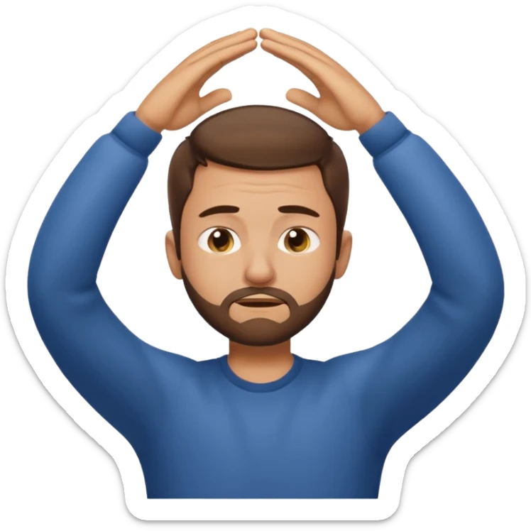 Emoji of a frustrated man with short brown hair hair and a short beard, eyes tightly closed and eyebrows furrowed.
Both hands raised near his head in frustration, clean rounded emoji style, soft gradients, plain background. sticker