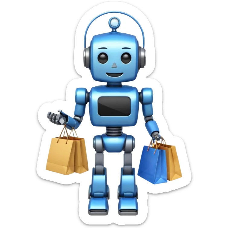 black friday robot with blue and metalic colours with bags in his hands smiling sticker