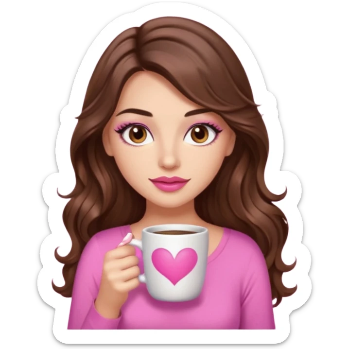 girl with long wavy brown hair, brown eyes, long lashes makeup,sexy pink lips, light to medium complexion, pink sexy top, with a coffee mug sticker