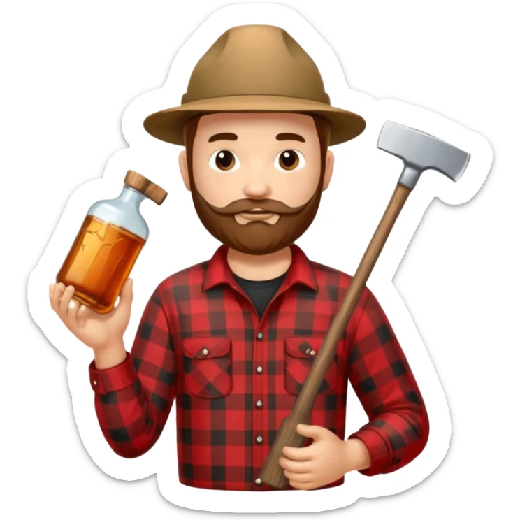 I want a Canadian lumberjack wearing a red and black plaid shirt drinking maple syrup out of the maple syrup bottle and holding a axe in the other sticker