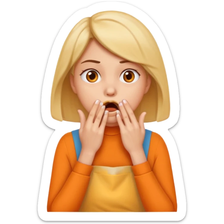 scared woman with her hands on her mouth, emoji style, more details, sideways pose, orange apron, different pose sticker