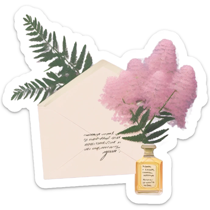 Aesthetic still life of soft pink mimosa flowers, a vintage-style purple perfume bottle, and a love note delicately placed in an envelope.
 sticker