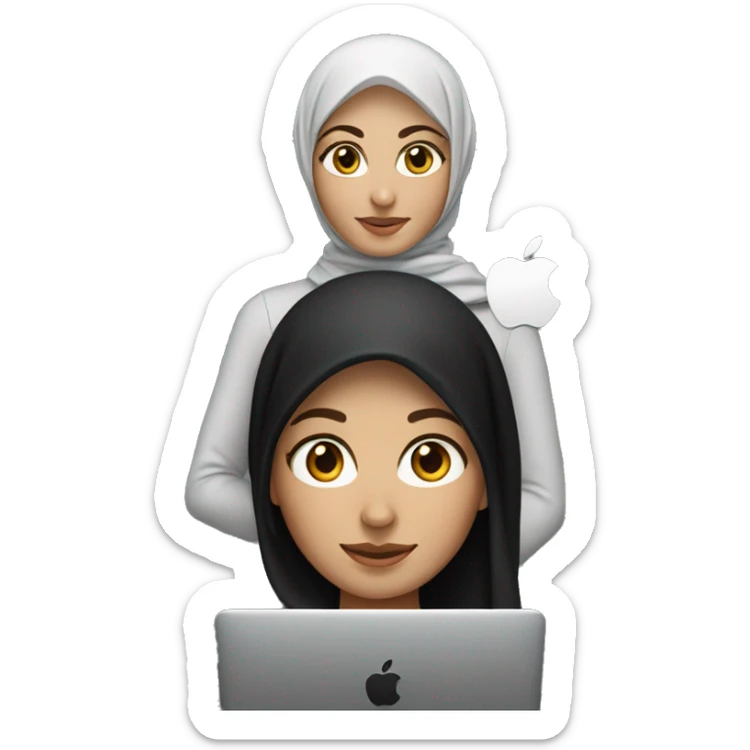 memoji of a female white with a laptop in front, apple-style, modern, hijabi women, black sweater, computer in hand   --ar 1:1 sticker