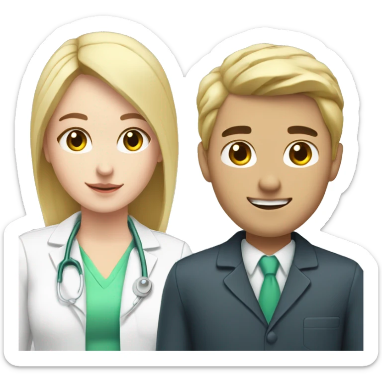 blonde female pharmacist next to male with black hair and pale skin sticker