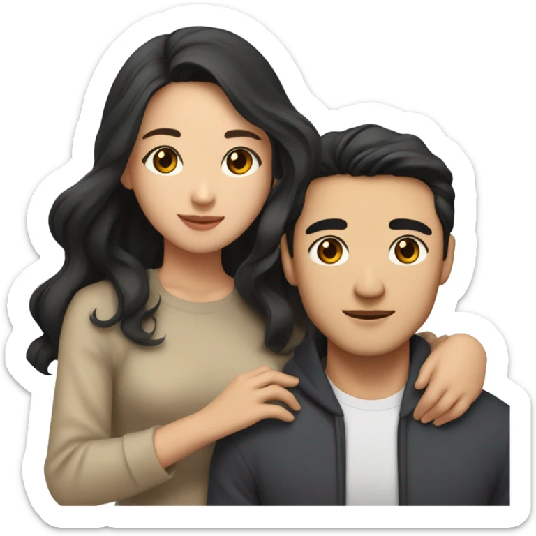 A half pale Asian man with short dark hair and amber eyes embracing and loving a half Asian woman with long wavy dark hair and dark hazel eyes. They love each other a lot And have good fashion taste. And are having a lot of fun sticker