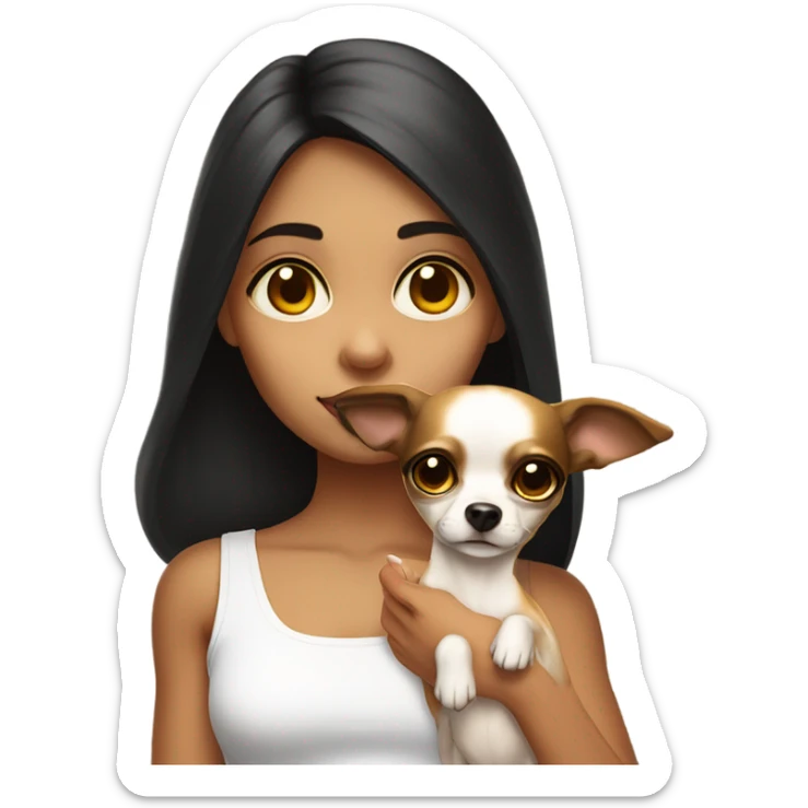 A girl with long very dark brown hair, big brown eyes, very big lips wearing a white singlet top, she is holding a small very chihuahua that is solid yellow sticker