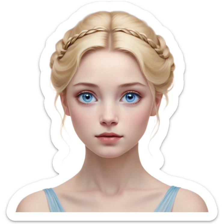 Cinematic Realistic Cinderella Portrait, depicted with lifelike skin texture, subtle rosy undertones, and soft natural lighting that enhances the gentle contours of her face. Her intricately detailed golden blonde hair is elegantly styled in an updo, with delicate wisps framing her face. Her deep, expressive blue eyes radiate warmth and sincerity, reflecting a quiet resilience and grace. She holds a glass slipper gently in one hand, her other hand resting gracefully at her side, emphasizing the timeless beauty of the moment. She is dressed in her iconic ball gown, the fabric shimmering with intricate embroidery and fine translucent layers that catch the light beautifully. The soft sheen of satin gloves adds a magical touch to her graceful pose. The portrait features an enchanting glow with a natural, luminous finish, seamlessly blending realism and fairytale charm to evoke a sense of depth, elegance, and timeless beauty. sticker