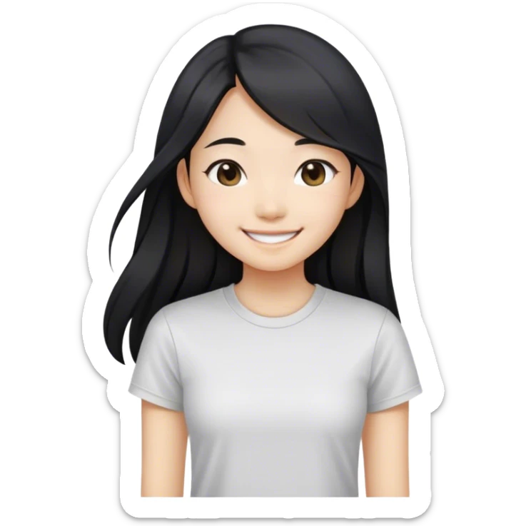 an asian girl smiling with straight black and long hair, slight waves, tshirt sticker