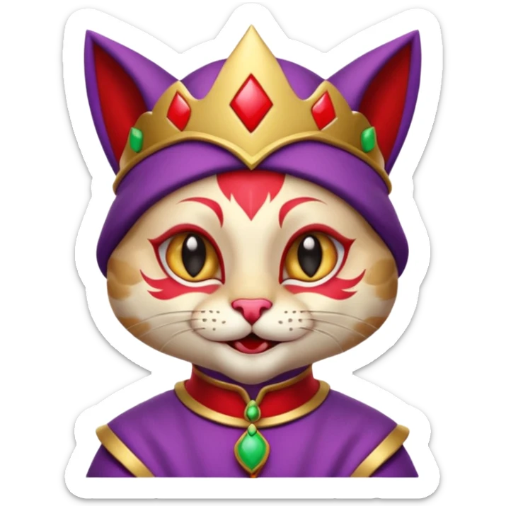 crazy colorful cute little cat jolly joker from poker, medieval, vintage, court jester, mac os icon, purple and red color, gold inserts, half body sticker