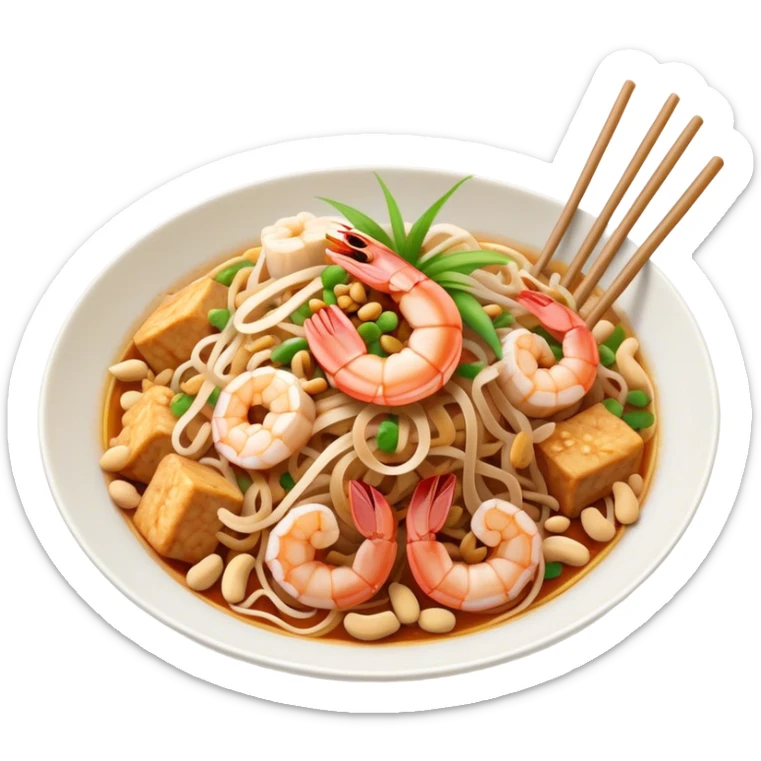 Cinematic Realistic Pad Thai Dish Emoji, depicted as stir-fried rice noodles with shrimp, tofu, peanuts, and bean sprouts rendered with vibrant textures and dynamic, appetizing lighting. sticker