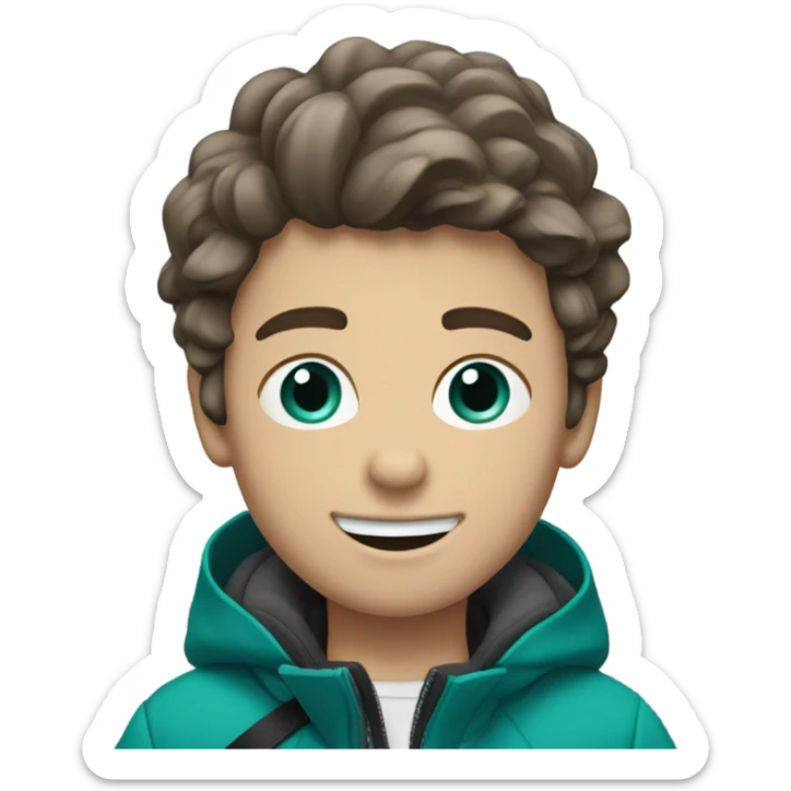 Boy skiing with teal color skis. He has brown wavy hair. He is wearing black pants. And a gray coat jacket sticker