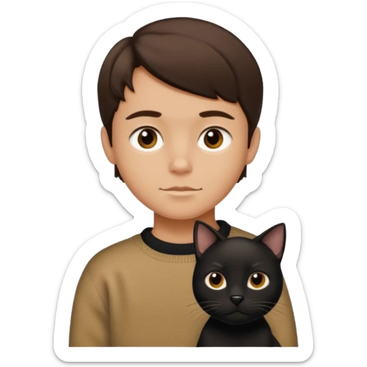 simplified kid with chiseled jawline, brown eyes, flat brown hair, vintage sweater, with black dog and black cat in Apple emoji style sticker