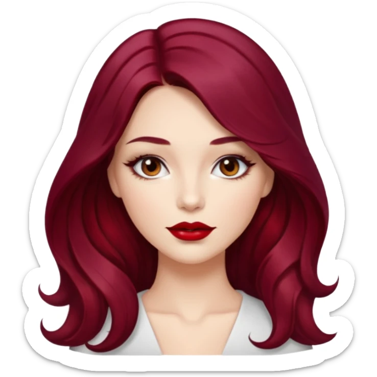 Draw a young glamorous woman with LONG dark burgandy cherry hair in a centre hair part styled slightly wavy sticker