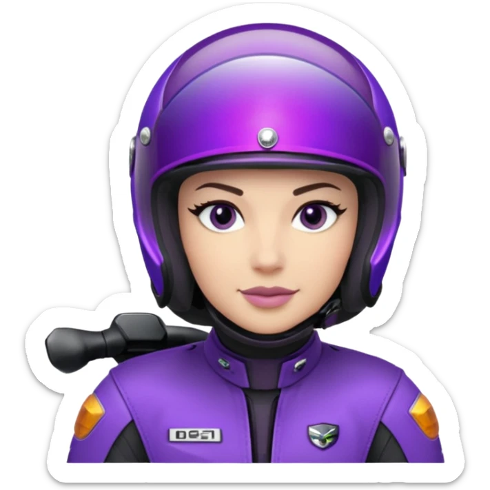 Créer un emoji avec une moto mt07 sport noir mate / violet iridescent très foncé, pare-brise de la moto violet. Avec une pilote dessus visière violet sombre visage caché . Avec fond arrière violet en arrière plan. sticker