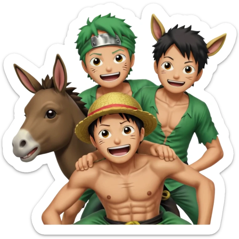 Luffy is riding on Zoro's back, and Zoro looks hilariously like the donkey. Zoro looks angry, and Luffy is laughing. The whole scene is very funny. sticker
