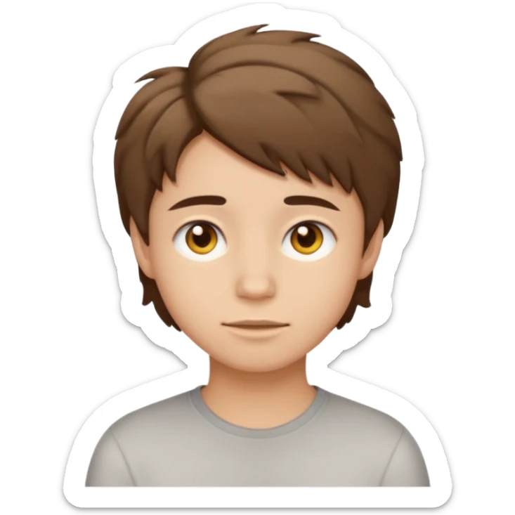 face of young person with short tousled brown hair, light skin, neutral expression, emoji style sticker