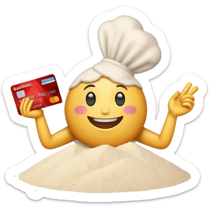 Happy emoji with credit card in hand and a small pile of flour in front  sticker