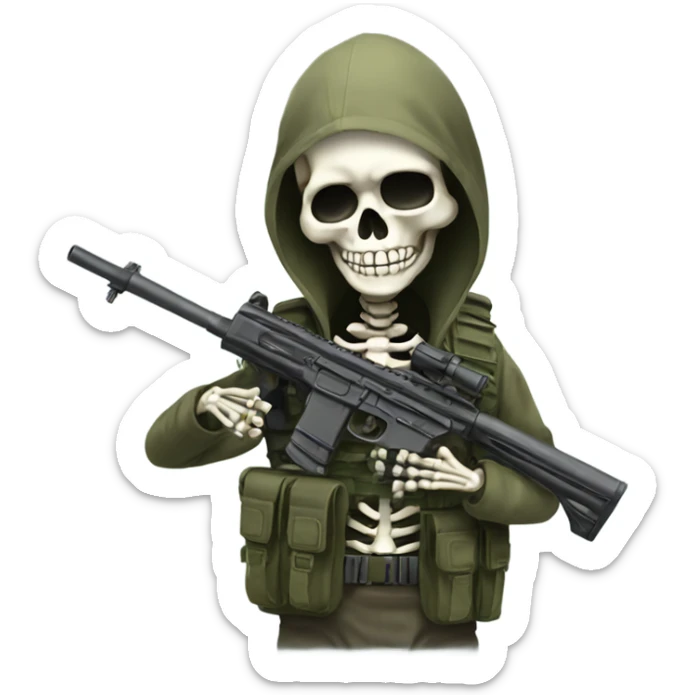 Skeleton with military vest pretending to hold fake sniper sticker