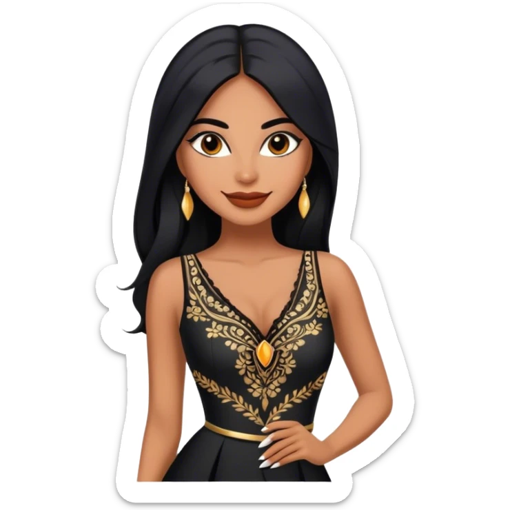 beautiful fit woman, with long straight black hair, with make up, black eye liner, smile mooth close, mexican, brown skin, wearing beautiful couture outfit, flirting sticker