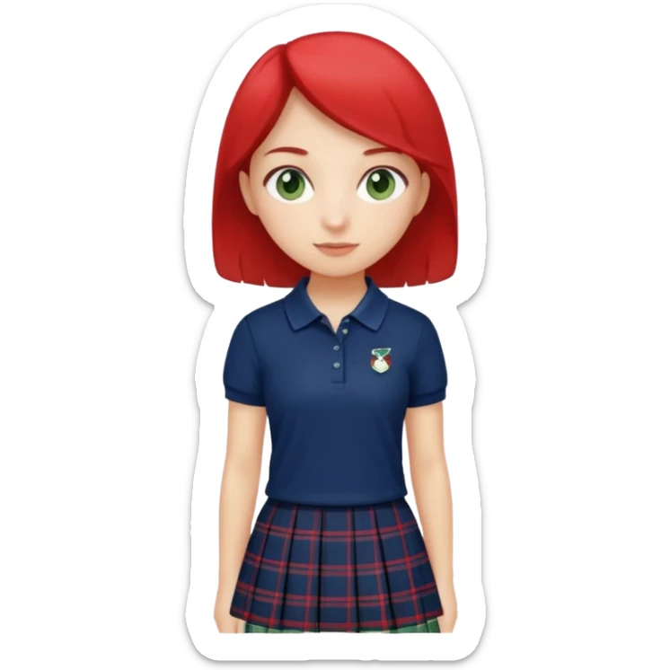 School uniform with navy polo shirt and navy plaid skirt with green white and red  sticker
