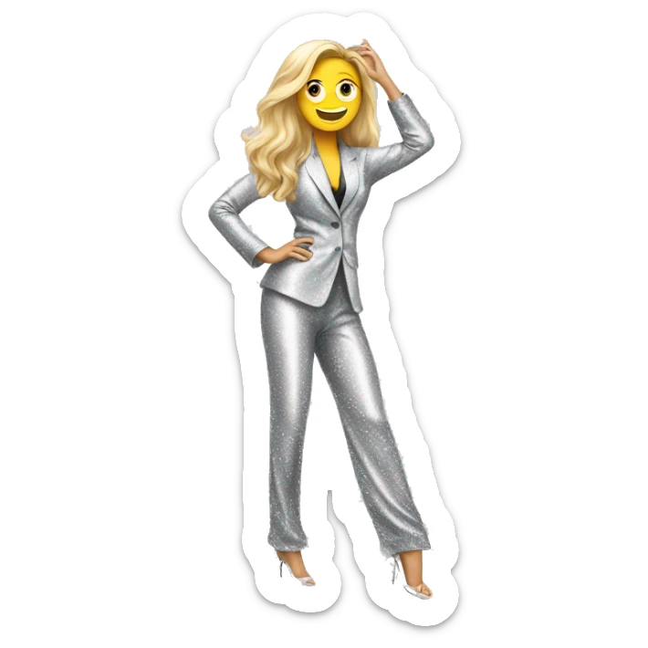 dancing white woman with long hair in a sparkly pantsuit in a snazzy pose sticker