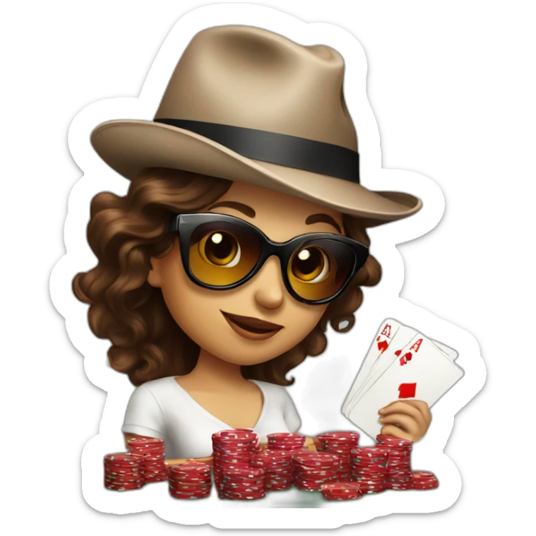 female with dark sunglasses brown wavy hair playing poker with a poker dealer hat sticker