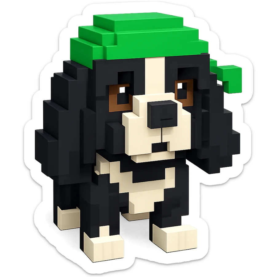 A black and white Russian Cocker Spaniel puppy wearing a green durag, facing forward sticker