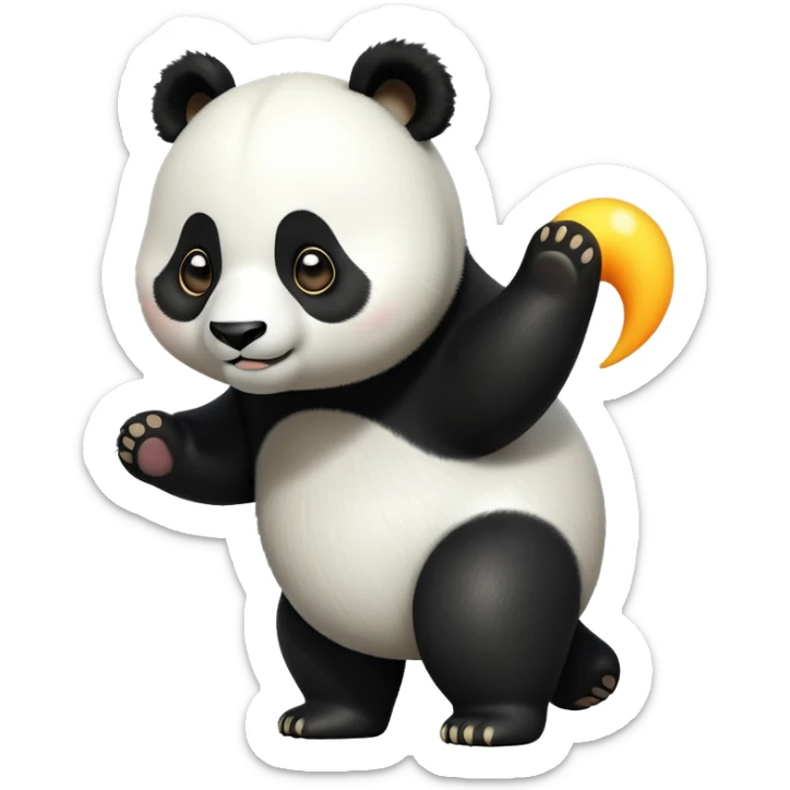 cinematic-[panda bear]-realistic-full-body-standing on all fours-emoji,-tail-tucked-close,-head-tilted-dramatically,-thick-[black and white]-fur,-simplified-yet-realistic-focused-features,-highly-detailed,-glowing-with-an-almost-sarcastic-glow sticker