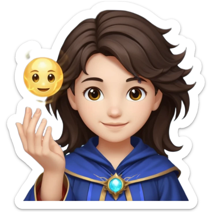 A teen brunette mage with tousled hair, holding a tiny glowing orb and smiling confidently. sticker