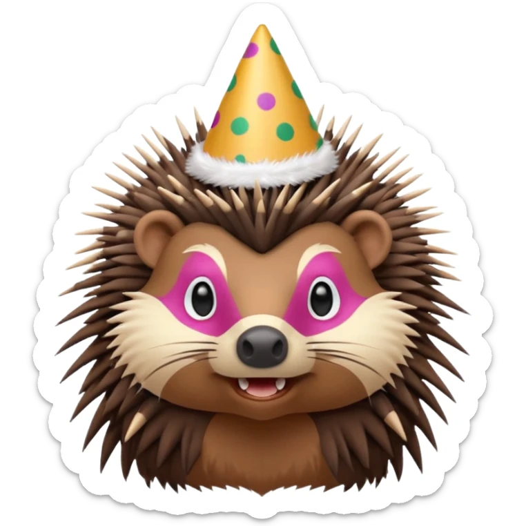 portrait of a porcupine, bust up, festive party hat sticker