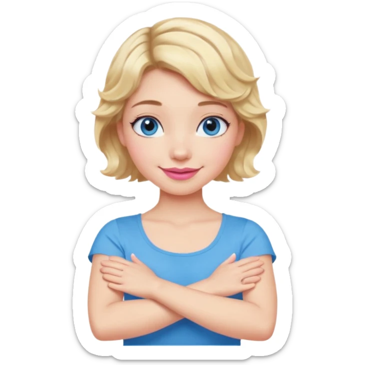 Girl Blonde short wavy hair,  blue eyes, cute blue top, long lashes, pink lips, smiling, making cross arms with arms  sticker