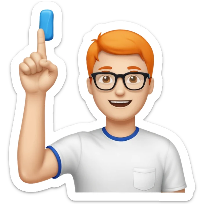 A slim man with glasses, pumping the foam finger in the air with bright enthusiasm. sticker