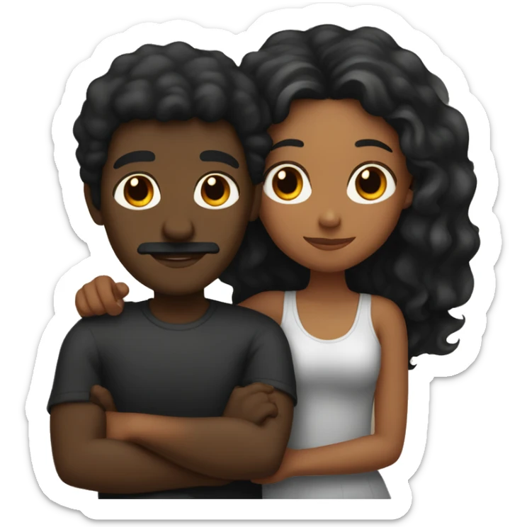 Black guy with black hair and moustache hugging brown girl with black and red hair sticker