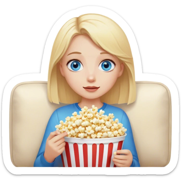 Blonde girl with blue eyes watching TV and eating popcorn sticker