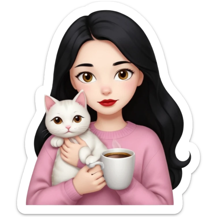 Beautiful Girl Long Hair black, Brows Big , Skin White, Sweater Pale Pink , Big Red Lips, Eyes coffe, Hug Little baby Persa Cream Cat With Cute Eyes sticker