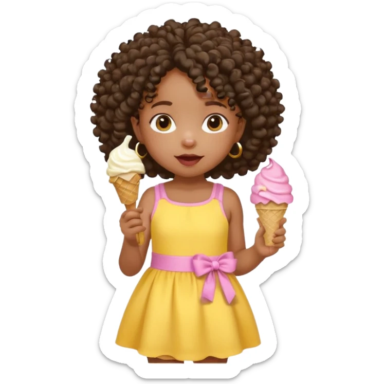 a little black girl kid with curly hair, yellow dress, eat ice cream sticker