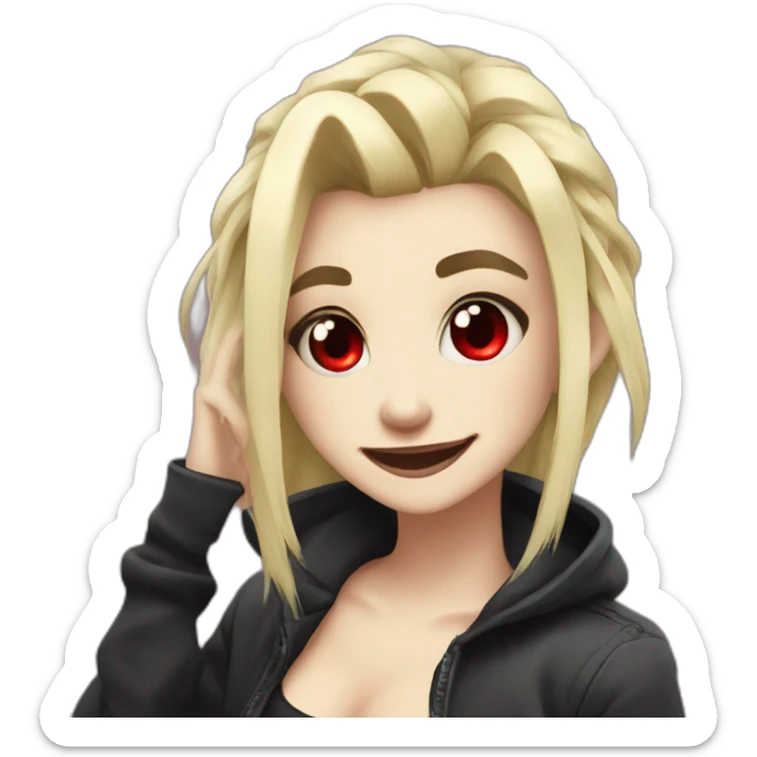 2d cartoon goth gamer blonde hair, red eyes, snake pupils, big smile, dabbing sticker