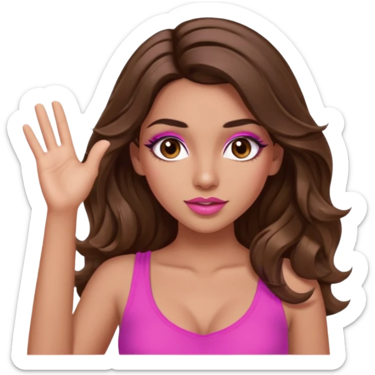 girl with long wavy brown hair, brown eyes, long lashes makeup, sexy pink lips, light to medium complexion, pink sexy top, two hands up shrugging sticker