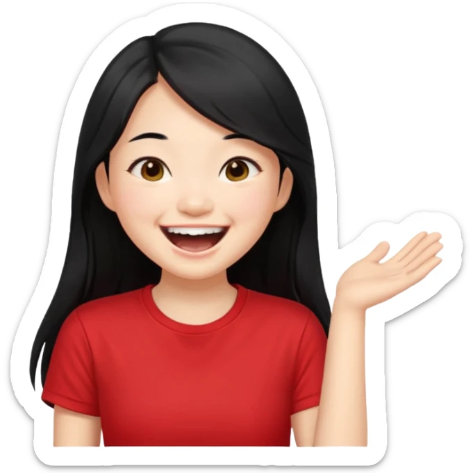 Cute asian girl with long hair and red t shirt who is laughing sticker